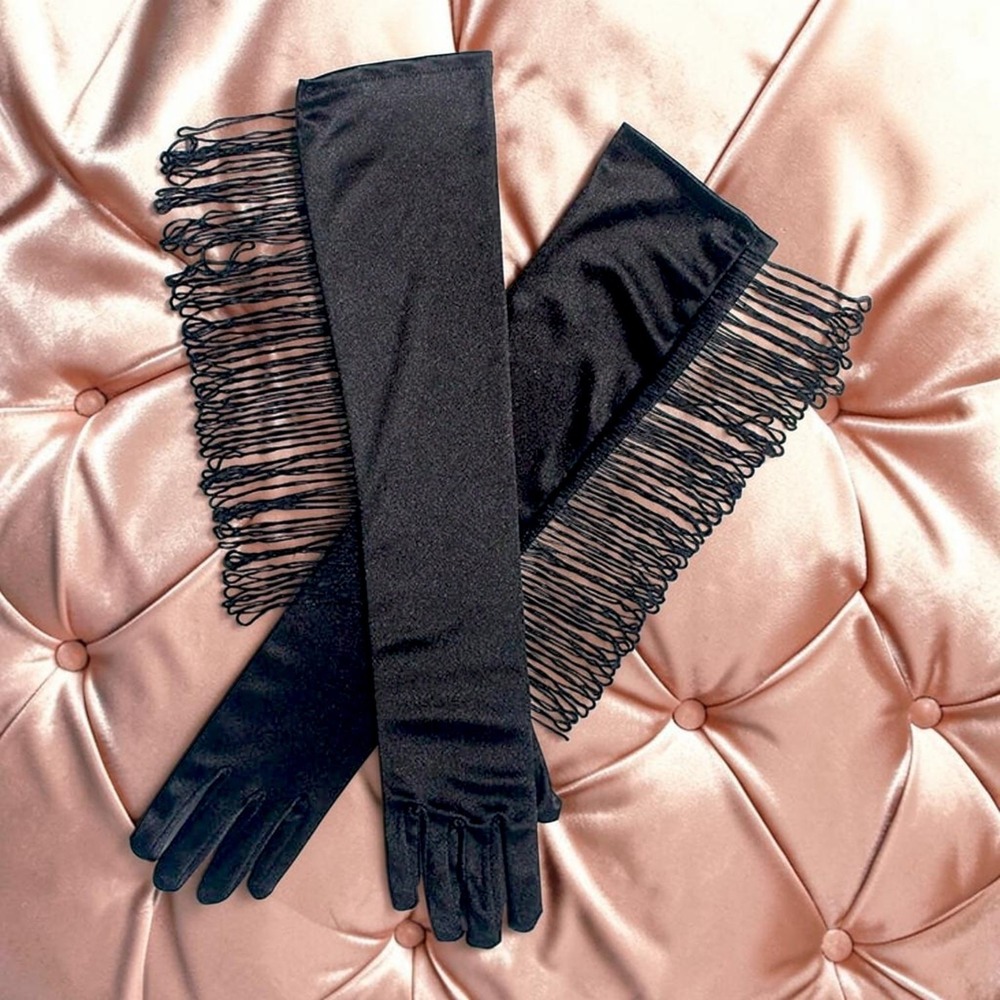 New Black Fringe Trim Satin Opera Length Long Evening Gloves Formal - Picture 3 of 3